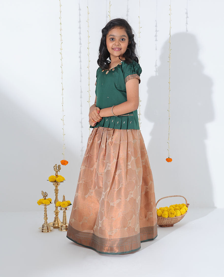 Sandal jacquard readymade art silk pavadai with contrast traditional zari design border & embroidery puff-sleeve blouse