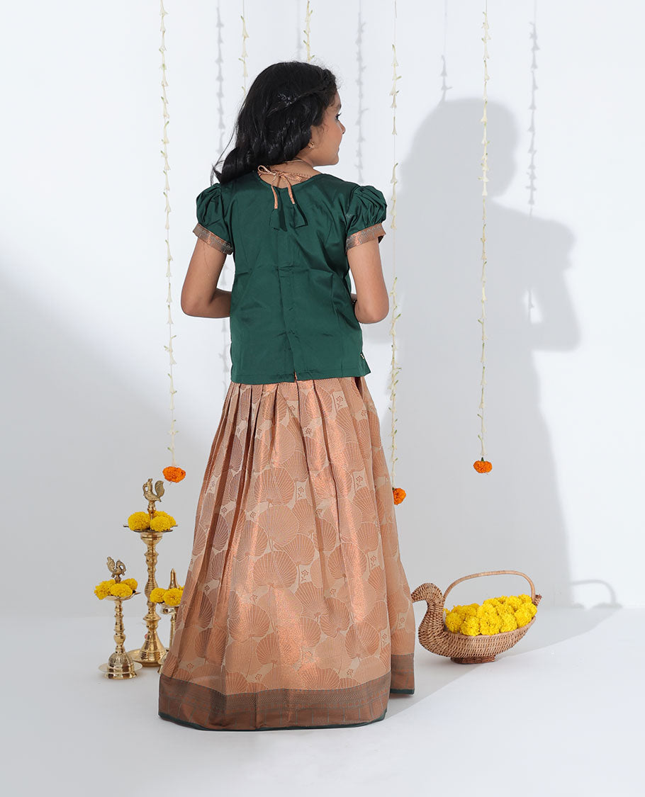 Sandal jacquard readymade art silk pavadai with contrast traditional zari design border & embroidery puff-sleeve blouse