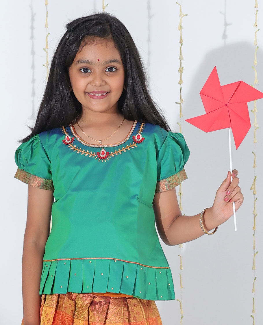 Yellow jacquard readymade art silk pavadai, contrast traditional design zari border & embroidery puff-sleeve blouse