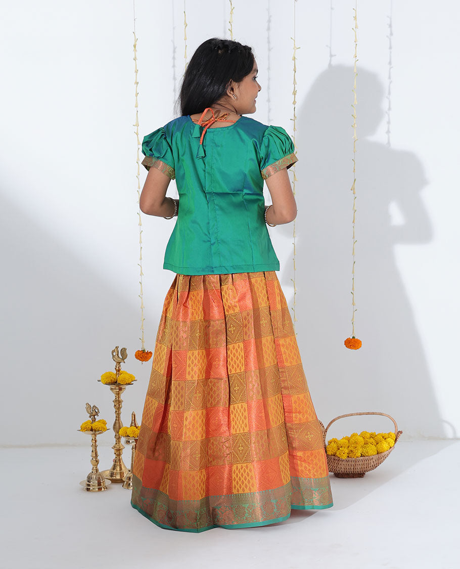 Yellow jacquard readymade art silk pavadai, contrast traditional design zari border & embroidery puff-sleeve blouse