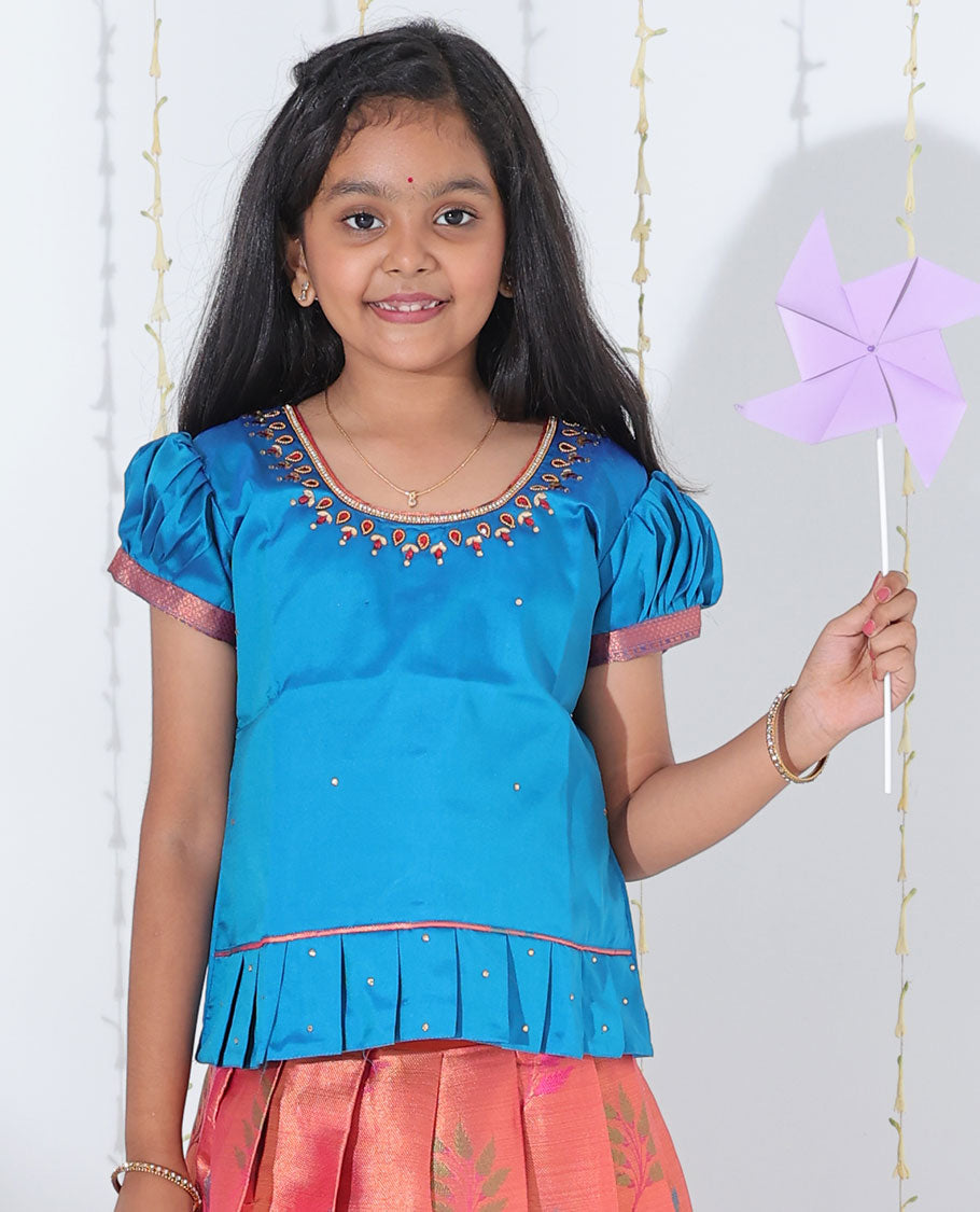 Orange leaf motifs readymade art silk pavadai, contrast traditional design zari border & embroidery puff-sleeve blouse