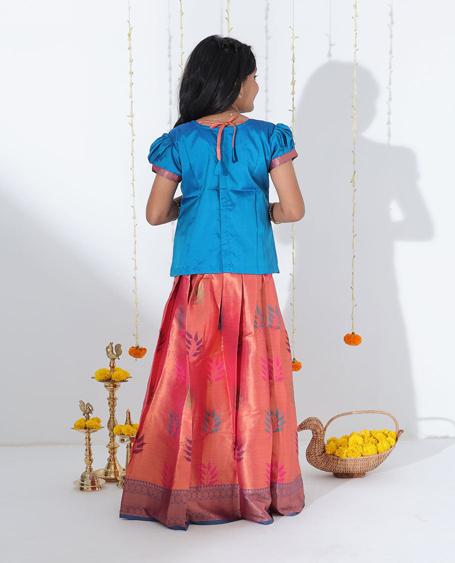 Orange leaf motifs readymade art silk pavadai, contrast traditional design zari border & embroidery puff-sleeve blouse