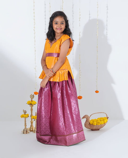Purple jacquard readymade art silk pavadai with zari design border & contrast embroidery sleeveless blouse