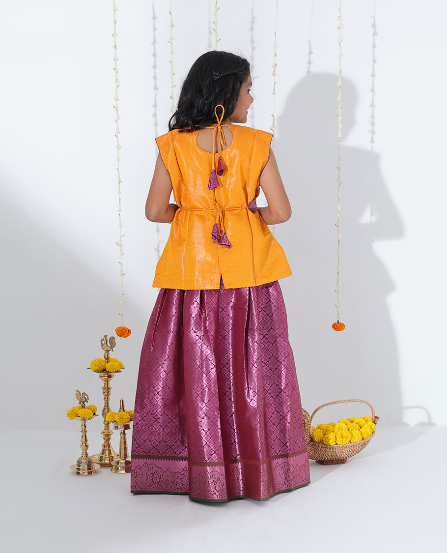 Purple jacquard readymade art silk pavadai with zari design border & contrast embroidery sleeveless blouse