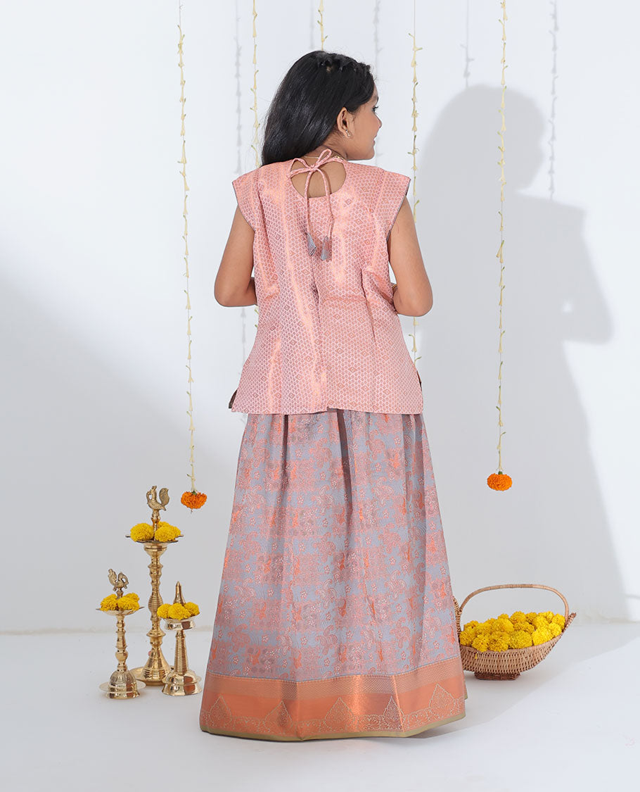Grey zari design readymade art silk pavadai with contrast traditional design zari border & embroidery sleeveless blouse