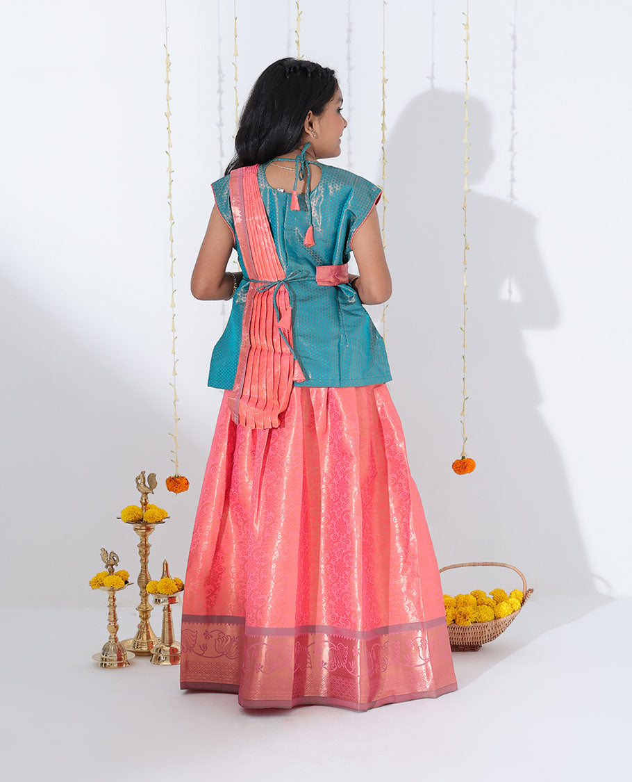 Pink jacquard readymade art silk pavadai with contrast traditional zari design border & embroidery sleeveless blouse