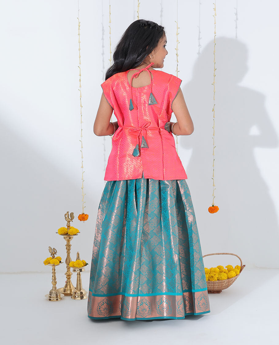 Blue jacquard readymade art silk pavadai with contrast traditional zari design border & embroidery sleeveless blouse