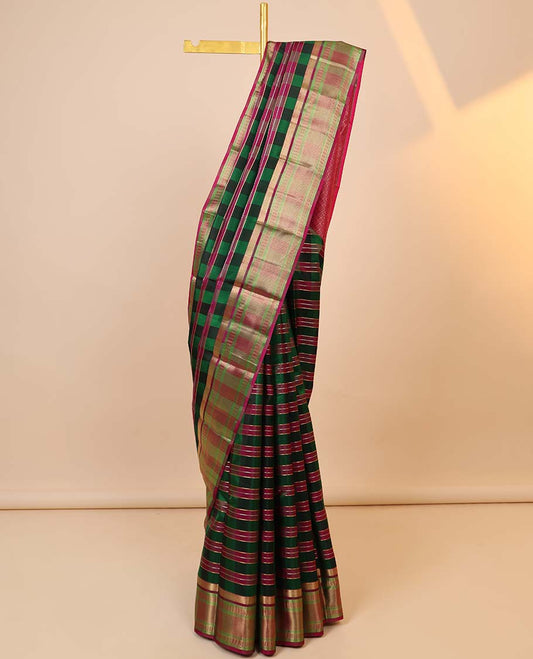 Green zari checked design silksaree, contrast jaal pallu & zari border of rekku,kuyil kann & jaal design