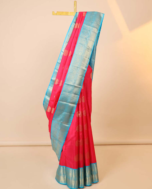 Red zari buttas silksaree,contrast korvai border of thilakam mokku,muthu,kodi visiry & kuyil kann & intricate pallu
