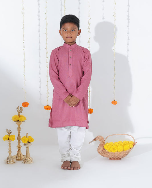 Rosewood pink cotton kurta set with sparely checked full-sleeve kurta & contrast pants