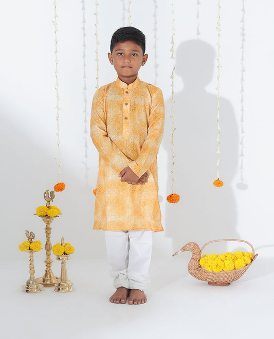 Mustard abstract & bandhani dots printed full-sleeve raw-silk kurta with contrast pants