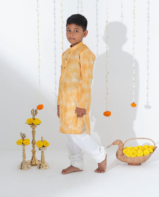 Mustard abstract & bandhani dots printed full-sleeve raw-silk kurta with contrast pants