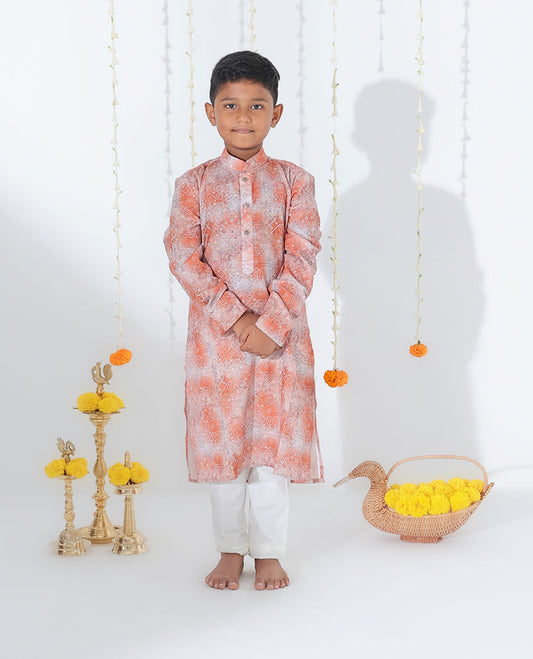 Terracotta red abstract & bandhani dots printed full-sleeve cotton kurta with contrast pants