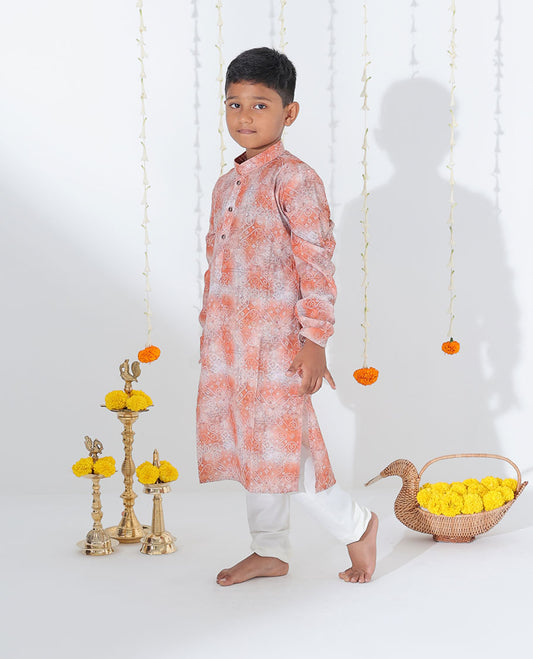 Terracotta red abstract & bandhani dots printed full-sleeve cotton kurta with contrast pants
