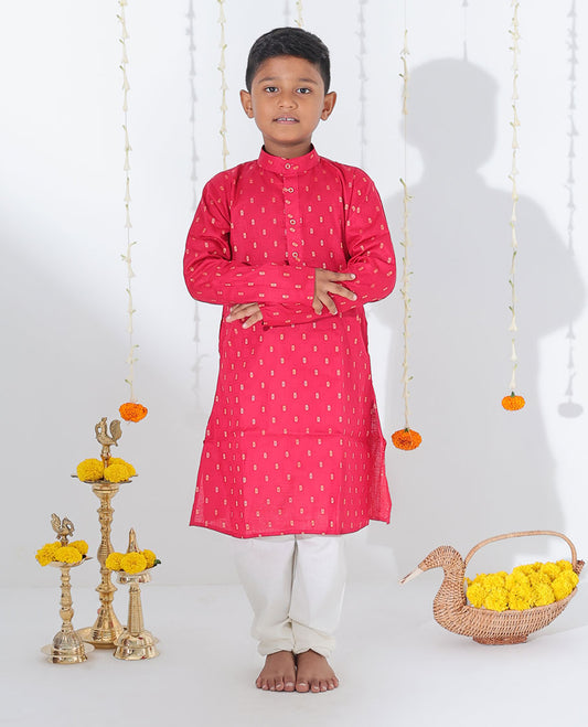 Red unique motifs printed full-sleeve cotton kurta with contrast pants