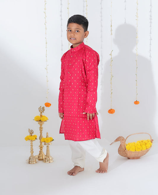 Red unique motifs printed full-sleeve cotton kurta with contrast pants
