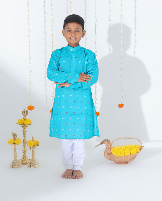 Blue triangle motifs full-sleeve raw-silk kurta with contrast pants