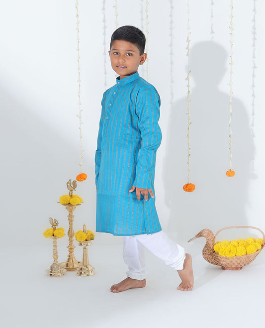 Blue striped full-sleeve raw-silk kurta with contrast pants