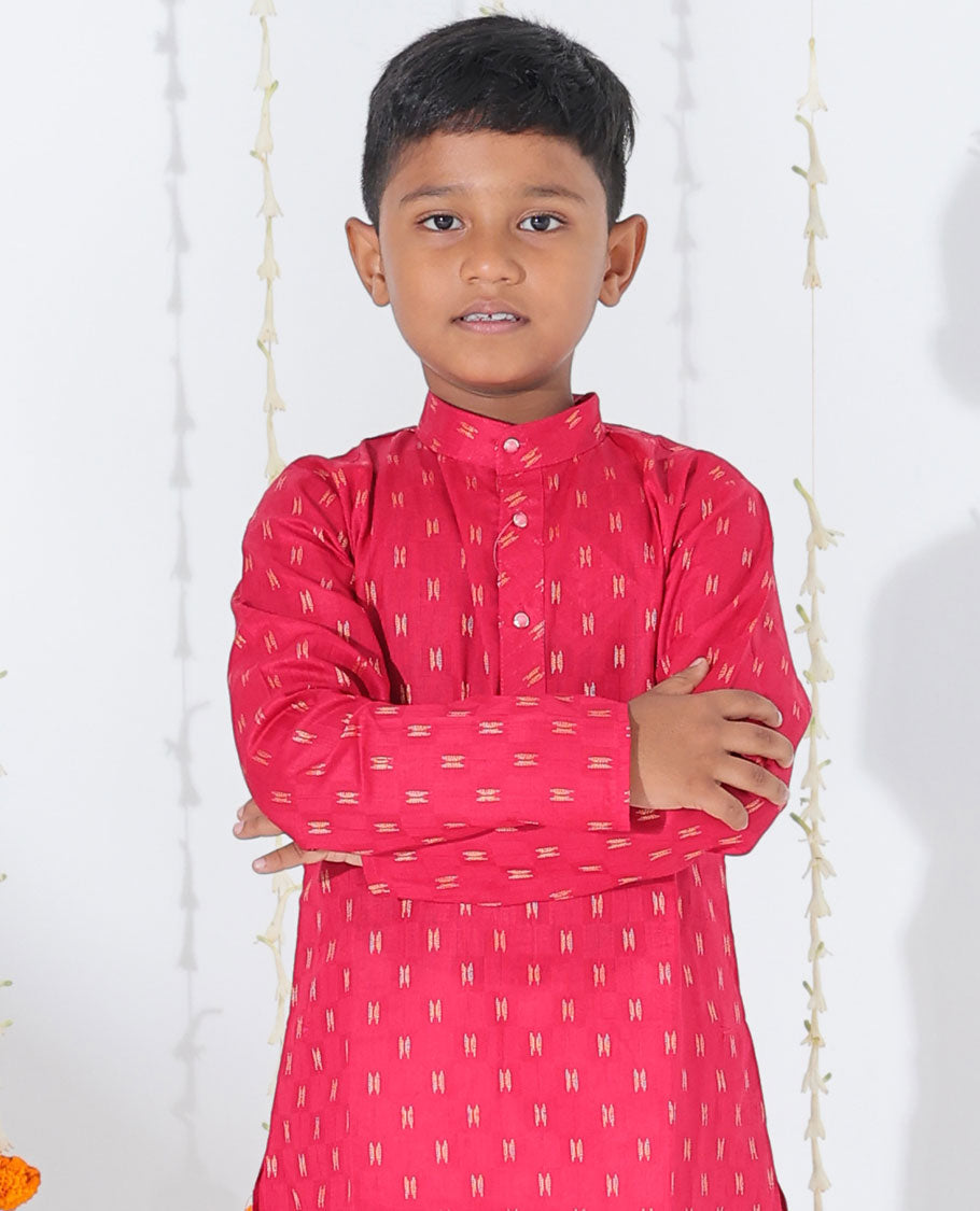 Red unique motifs printed full-sleeve cotton kurta with contrast pants