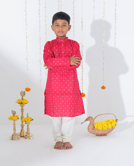 Red unique motifs printed full-sleeve cotton kurta with contrast pants