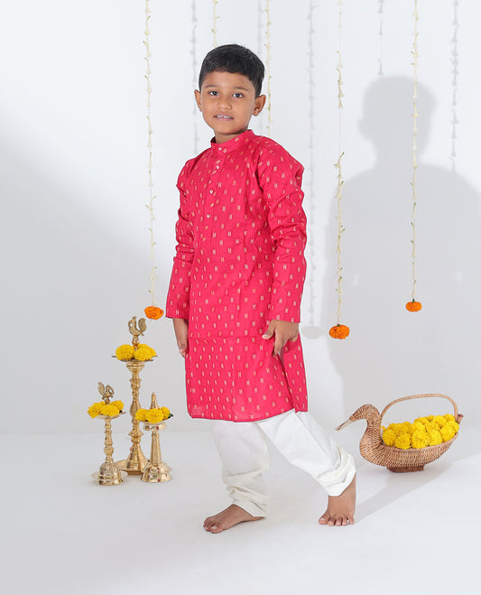 Red unique motifs printed full-sleeve cotton kurta with contrast pants