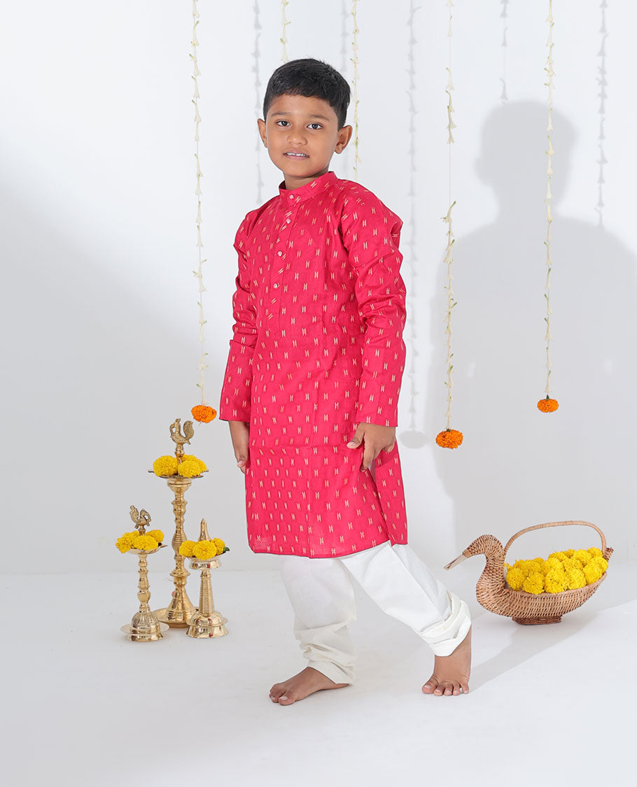 Red unique motifs printed full-sleeve cotton kurta with contrast pants