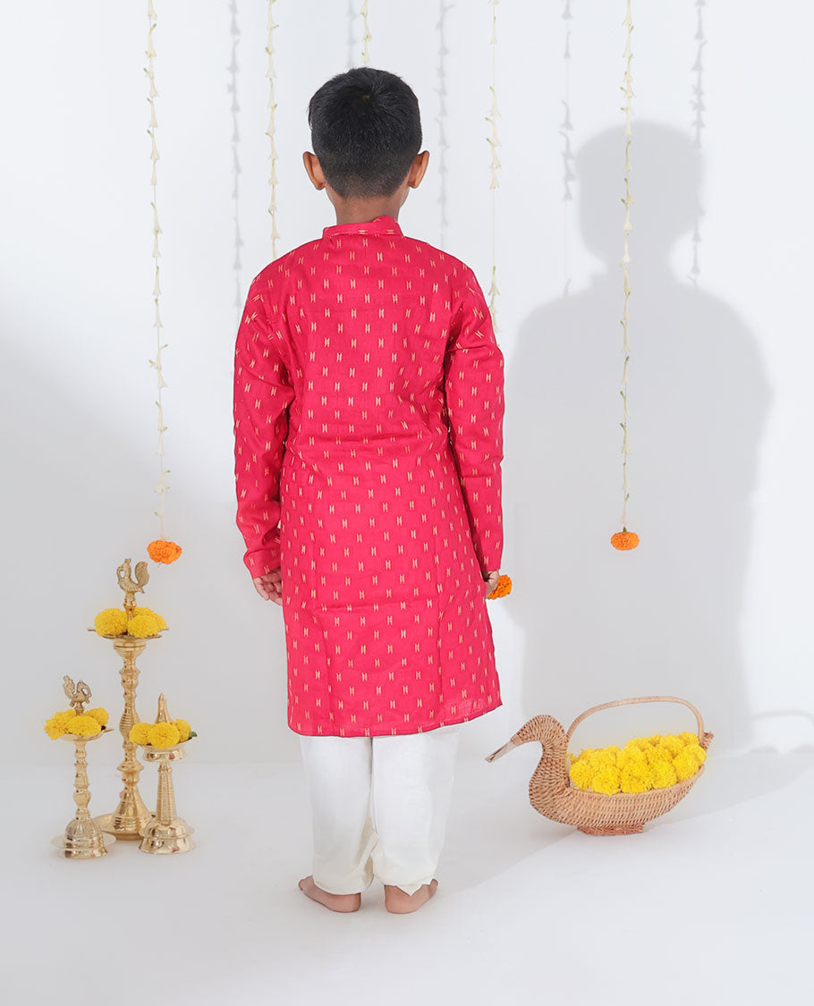 Red unique motifs printed full-sleeve cotton kurta with contrast pants