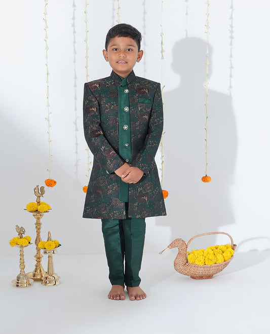 Green sherwani set with solid kurta, floral printed & glitter work coat with matching pants