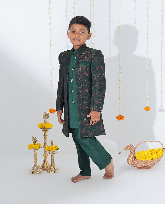 Green sherwani set with solid kurta, floral printed & glitter work coat with matching pants