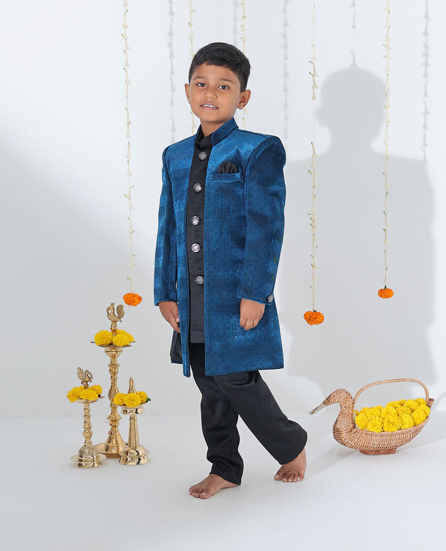 Blue sherwani set with solid kurta, contrast chevron textured stonework coat & matching pants