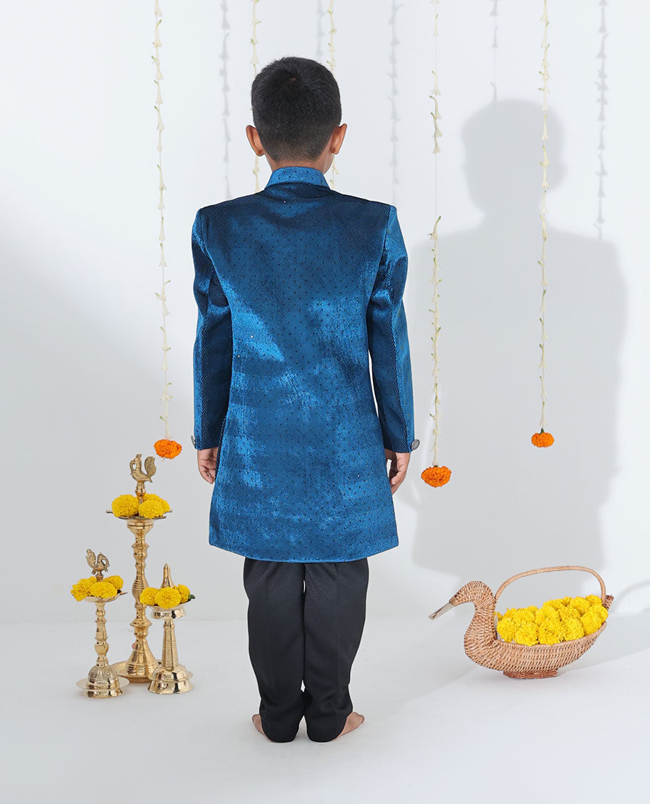 Blue sherwani set with solid kurta, contrast chevron textured stonework coat & matching pants