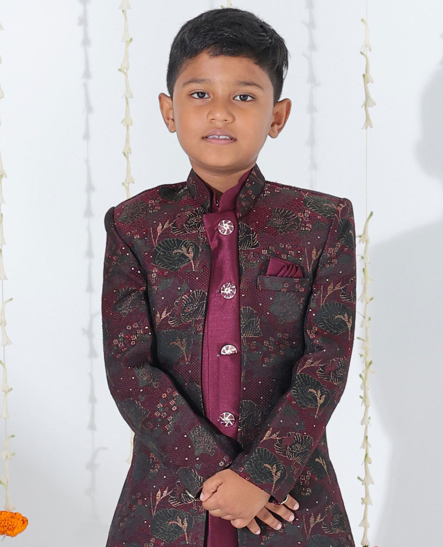 Maroon sherwani set with solid kurta, floral printed & glitter work coat with matching pants