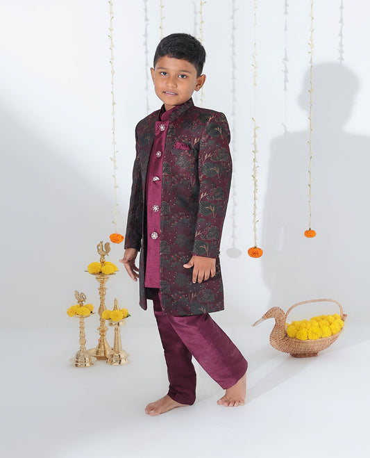 Maroon sherwani set with solid kurta, floral printed & glitter work coat with matching pants