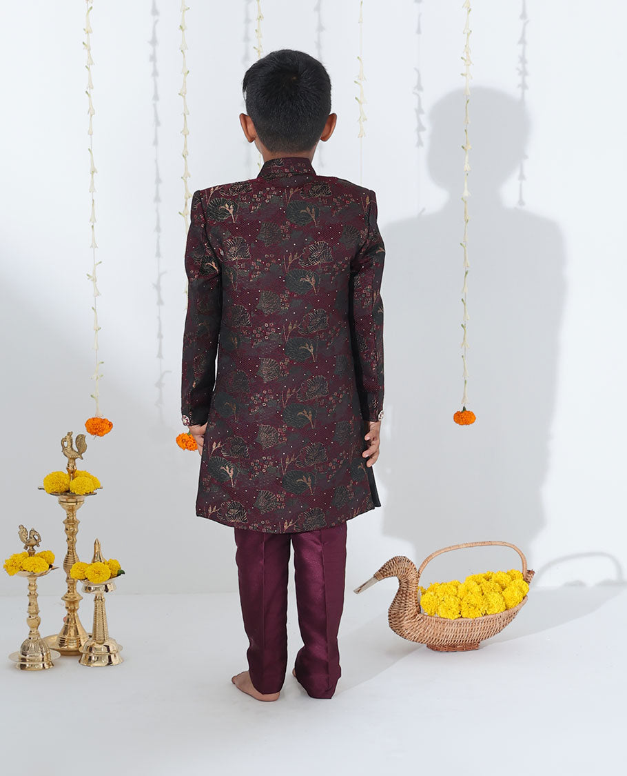 Maroon sherwani set with solid kurta, floral printed & glitter work coat with matching pants