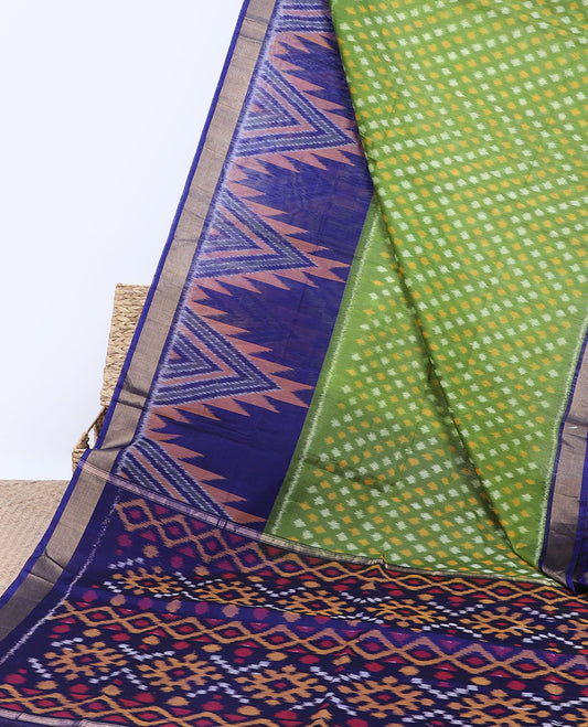 Green ikkat buttas silk cotton saree, contrast vidarbha border & pallu of intricate ikkat designs