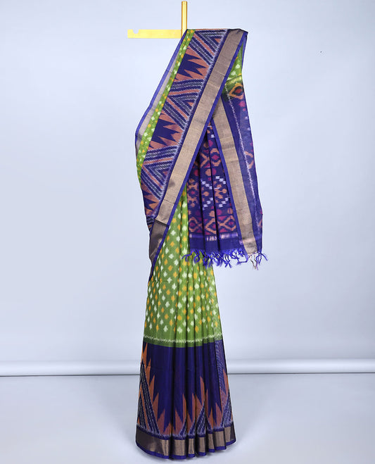 Green ikkat buttas silk cotton saree, contrast vidarbha border & pallu of intricate ikkat designs