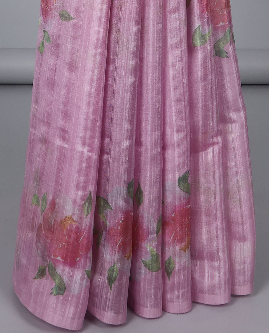 Borderless pink rose flower motifs printed kamala silk saree, contrast plain blouse