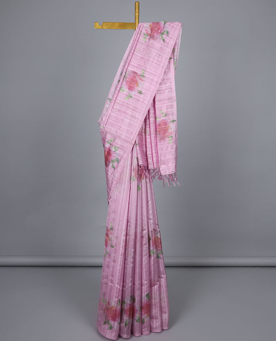 Borderless pink rose flower motifs printed kamala silk saree, contrast plain blouse