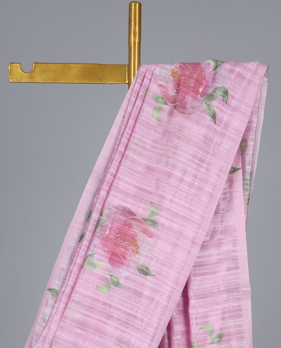 Borderless pink rose flower motifs printed kamala silk saree, contrast plain blouse