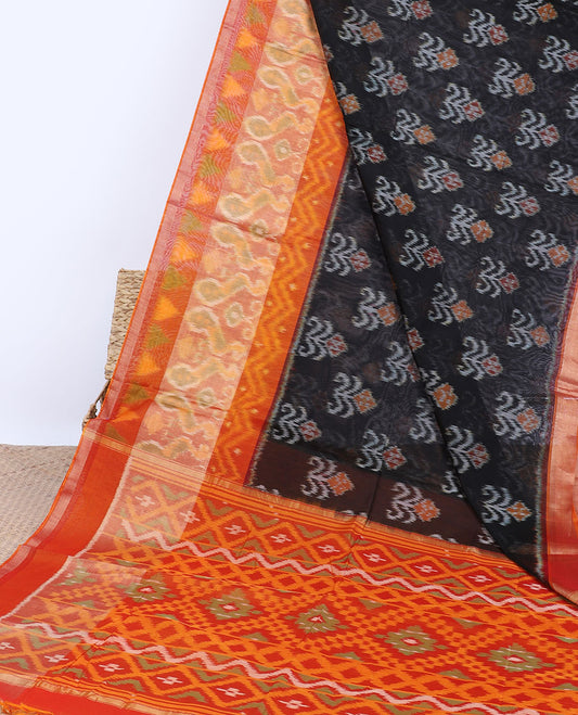 Black ikkat floral motifs silk cotton saree, contrast peacock & geometric border & pallu of ikkat argyle designs