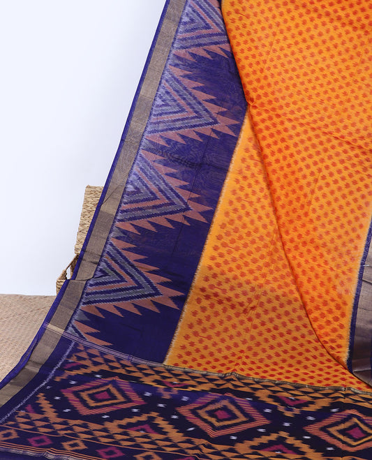 Orange ikkat buttas silk cotton saree, contrast vidarbha border & pallu of intricate ikkat designs