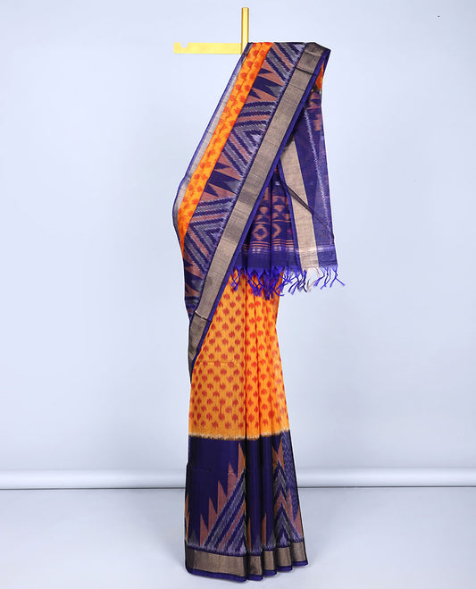 Orange ikkat buttas silk cotton saree, contrast vidarbha border & pallu of intricate ikkat designs
