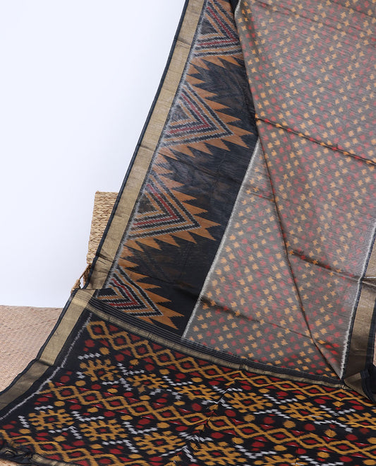Grey ikkat buttas silk cotton saree, contrast vidarbha border & pallu of intricate ikkat designs