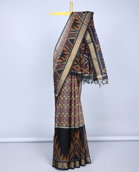 Grey ikkat buttas silk cotton saree, contrast vidarbha border & pallu of intricate ikkat designs
