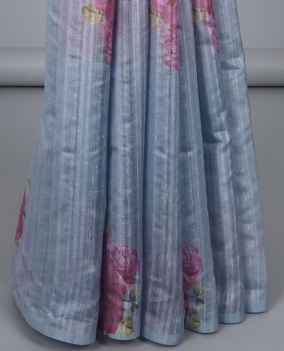 Borderless grey rose flower motifs printed kamala silk saree, contrast plain blouse