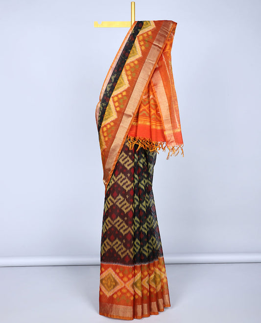 Black patola-style design silk cotton saree, contrast ikkat design border & pallu of ikkat designs
