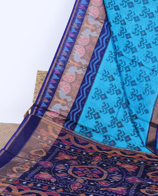 Blue ikkat design silk cotton saree, contrast bird & geometric border & intricately designed pallu