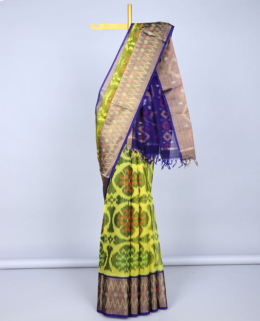 Green ikkat floral jaal design silk cotton saree, contrast ikkat floral vine border & pallu of ikkat designs