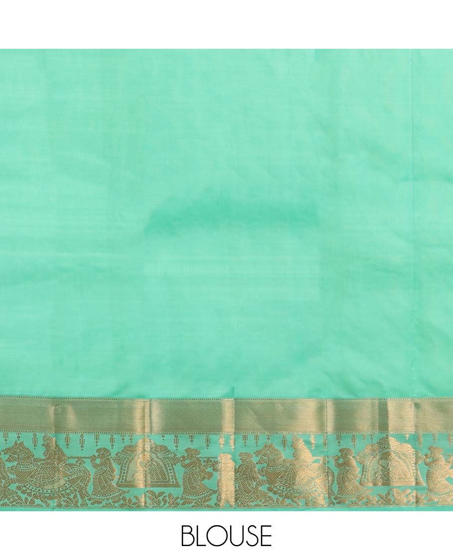 Green silk saree with zari buttas, zari-rich manga design pallu & zari border of wedding-theme motifs weave