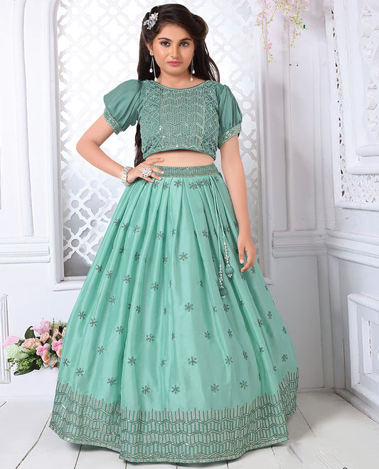 Green cholly set, sequins & thread embroidery full-length skirt & contrast puff-sleeve round-neck embroidery crop top
